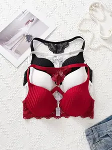 3-Pack Seamless Comfortable Women's Lingerie, Underwire Bra with Buckle, All-Seasons, Medium Support, Elegant Design, Breathable, Wedding Beachwear