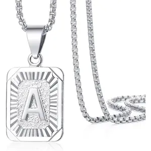 FLORIDECO Men Women Stainless Steel Box Chain Pendant Necklace White Plated Personalized Initial A-Z Alphabet-Elegant Jewelry Gift for Him