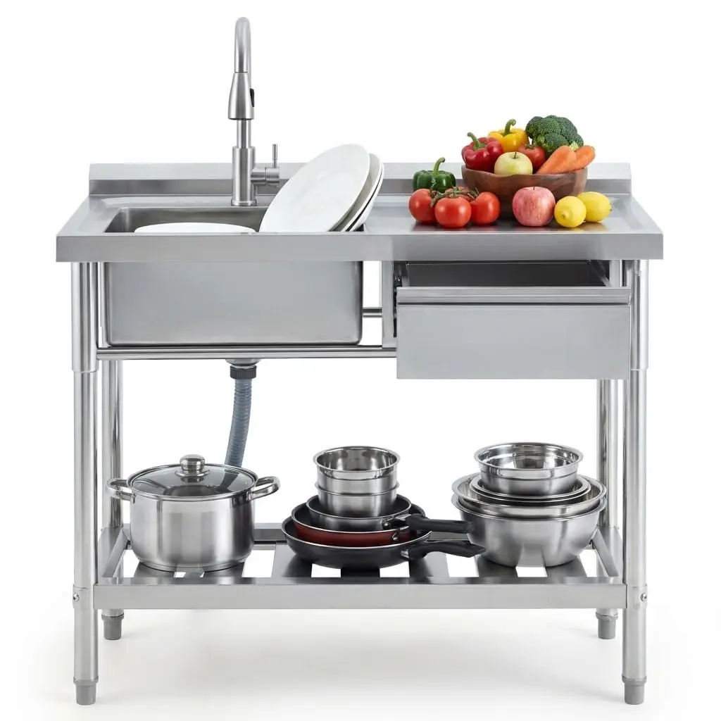 39" Commercial Stainless Steel Sink Prep Counter with Faucet, Freestanding Single Bowl Utility Sink & Storage for Kitchen, Laundry, Farmhouse Use
