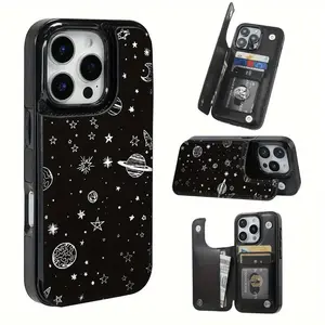 Creative and Simple Cosmic Star and Planet Pattern Leather Card Holder Phone Case,Suitable for iPhone 17 Air/16 Plus/15 Pro Max/14 Pro/13/12/11/XS Max/X Phone Case, Ideal Gift for Thanksgiving and Christmas for Family, Friends, Lovers,Boyfriend,Girlfriend