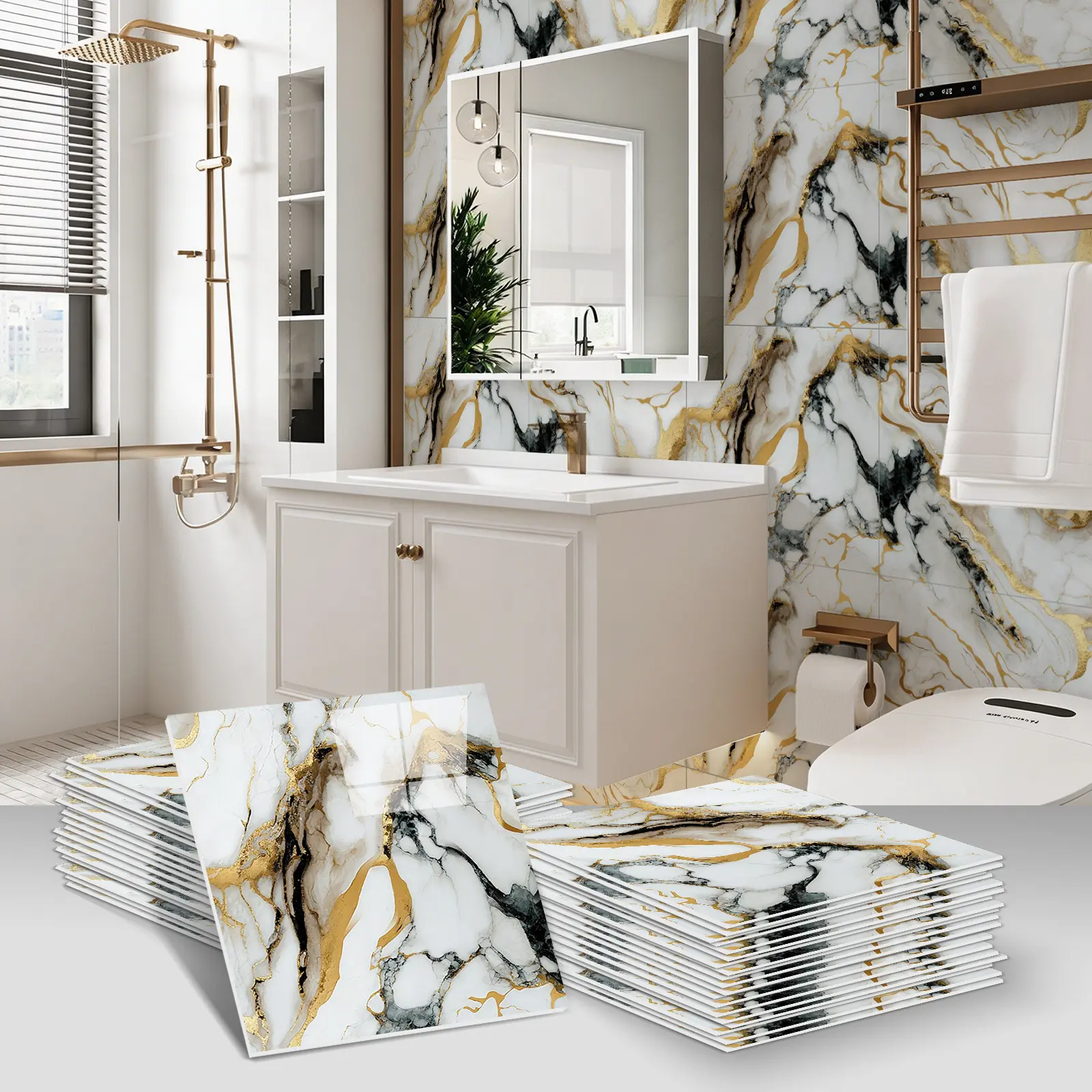 20-Piece Self-Adhesive Marble Tile Stickers, Vintage Brick Wall Decals, Waterproof PVC Home Decor, Durable Easy-Apply & Remove Floor Stickers, Ideal for Living Room, Kitchen