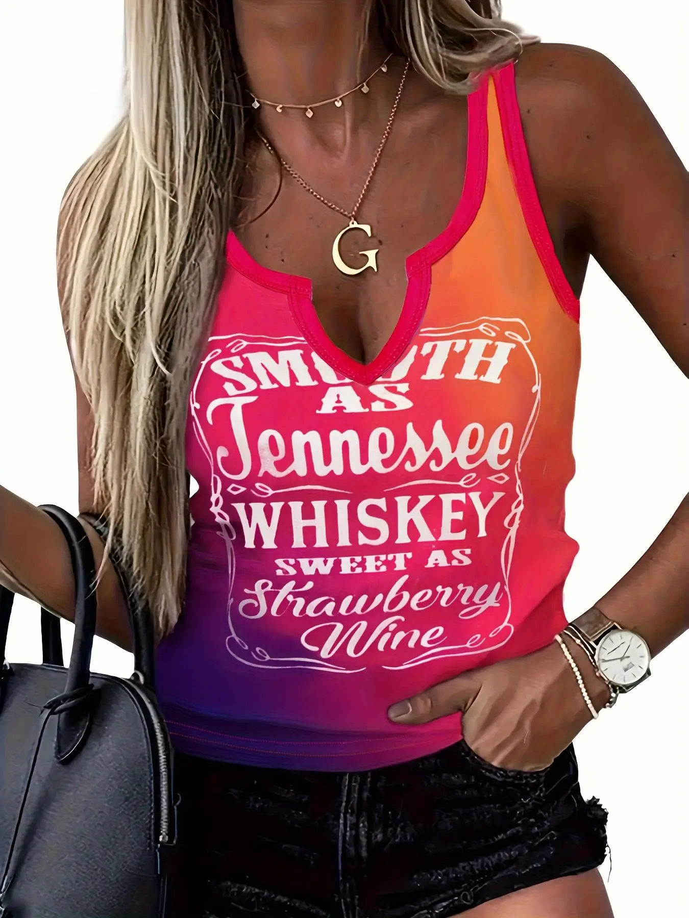 Women's Ombre Letter Print Contrast Binding Tank Top, Summer Outfits 2024, Casual Sleeveless Notched Neck Graphic Top for Summer, Fashion Women's Top