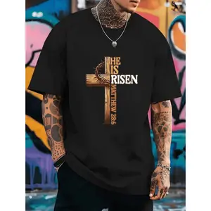 Women Easter Cross He Is Risen Jesus Christian Men Cotton T-Shirt Always Fit Cotton Tee Everyday T-Shirt