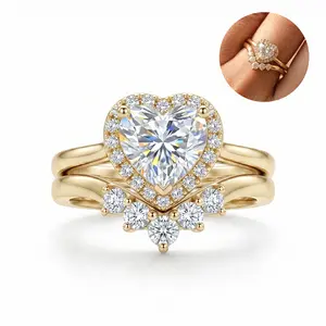 D/VVS1 Heart Shaped Halo Bridal Ring Set - Brilliant Cut Center Gem with Curved Enhancer Wedding Band for Women