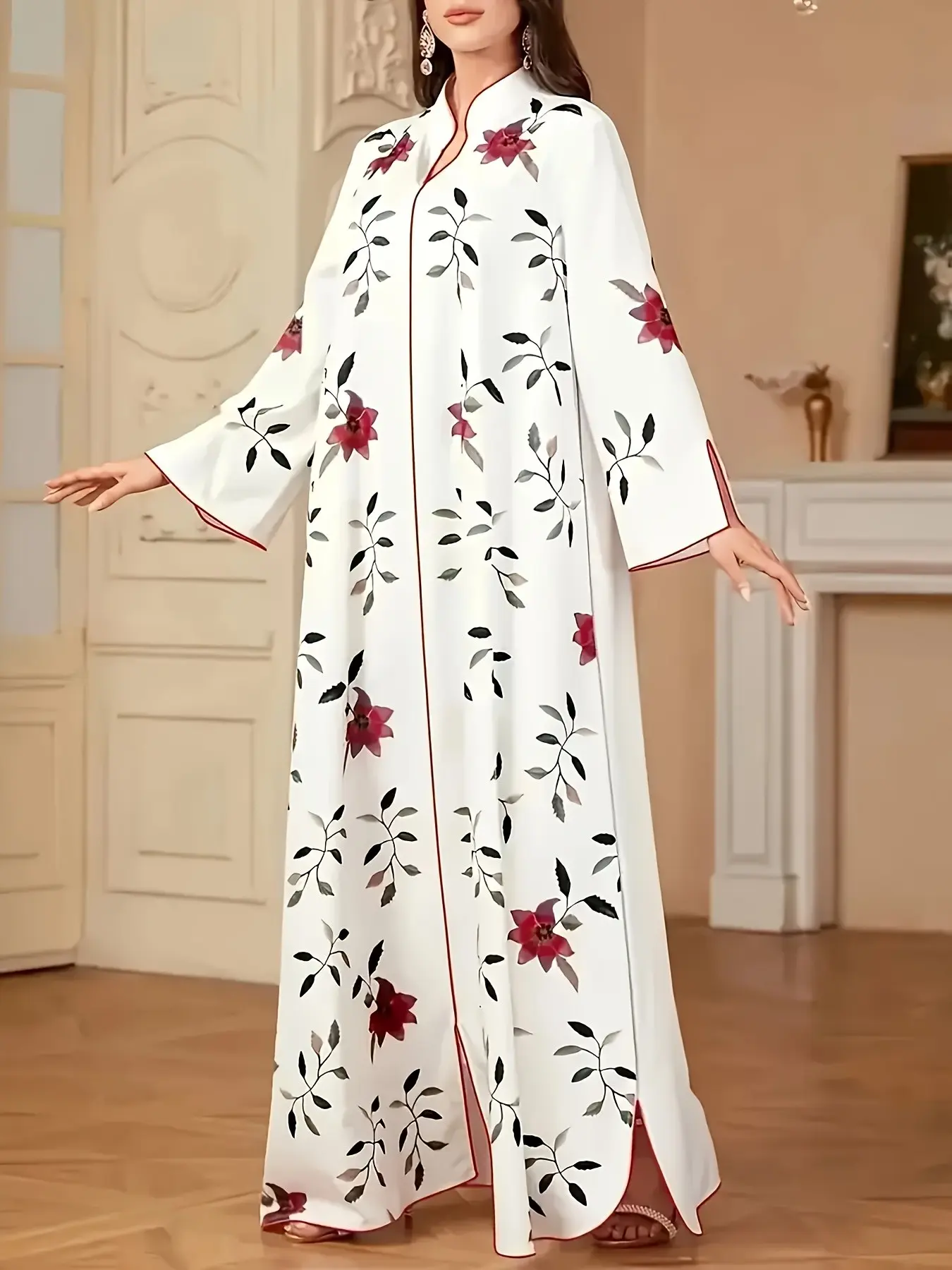 Women's Floral Print Muslim Loose Fit Abaya, Elegant Modest Style, Mandarin Collar, Open Front, Lightweight Chiffon, Ideal for Ramadan/eid, Abayas For Eid, Elegant Islamic Clothing