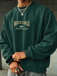 Men's Graphic & Letter Print Loose Fit Pullover Sweatshirt, Chic Preppy Basic Top For Fall & Winter, Men Clothing for Outdoors