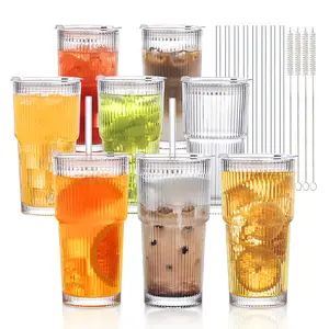 20oz Glass Cups 8PCS Striped Ribbed Tumblers with Lids and Straws, Suitable for Cold Drinks & Water, Aesthetic Kitchen Decor, Cute Birthday Gift, Wide Mouth for Easy Cleaning