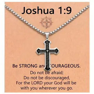 Christian Cross Necklace for Men, Bible Verse Pendant with Joshua 1:9 & Philippians 4:13 Scripture Cards, Stainless Look Faith Jewelry Gift for Him, Prayer Cross Necklace, Religious Gift for Dad Husband Son
