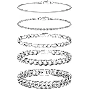 5 count Stainless Steel Mens Bracelet Gold Silver Cuban Link Rope Figaro Cuban Chain Bracelets for Men Women 7.48/8.07/8.26 inches-USA