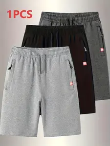 Men's Casual Shorts, One-Piece Design, Elastic Drawstring Waistband, Side Zipper Pockets, Lightweight Breathable Fabric, Loose Fit