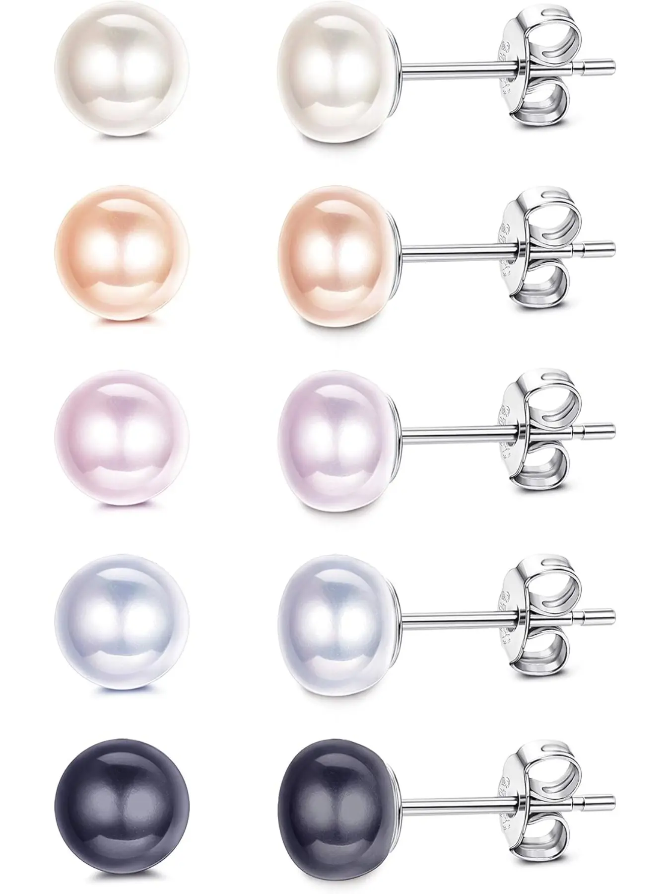 5 Pairs Pearl Stud Earrings for Women | Genuine Freshwater Cultured Pearl Earrings Set 18K White Gold Plated Sterling Silver Stud Earrings | Wedding Bridal Earrings | Earring Stacking Set | Shining Earrings | Ear Studs