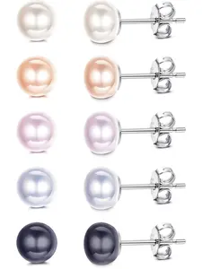 5 Pairs Pearl Stud Earrings for Women | Genuine Freshwater Cultured Pearl Earrings Set 18K White Gold Plated Sterling Silver Stud Earrings | Wedding Bridal Earrings Pretty Studs