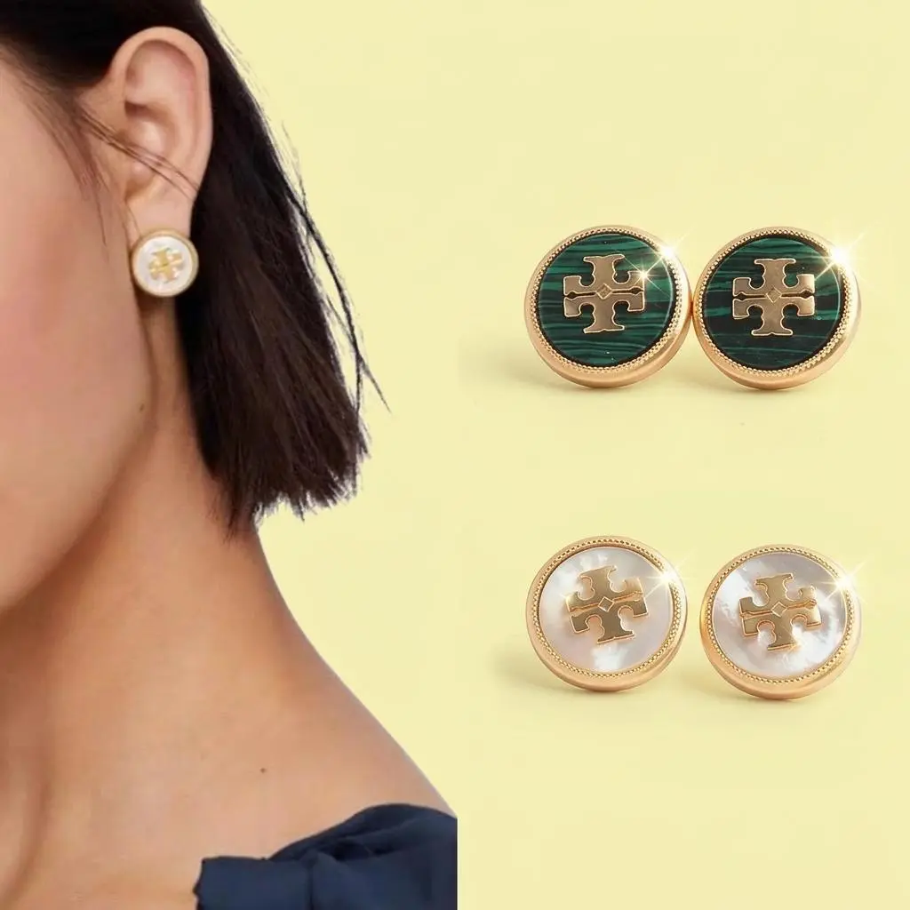 Tory Burch Round Button Style Ear Studs for Ladies, 18K Gold Plated Earrings with Mother of Pearl & Natural Stone