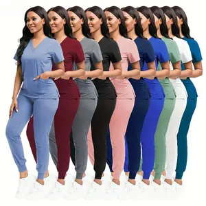 1 set of women's polyester scrub, fitted nurse's clothing with patch pockets, beauty woven work clothes, veterinary and dental - high-quality professional clothing, work nurse accessoriesGift