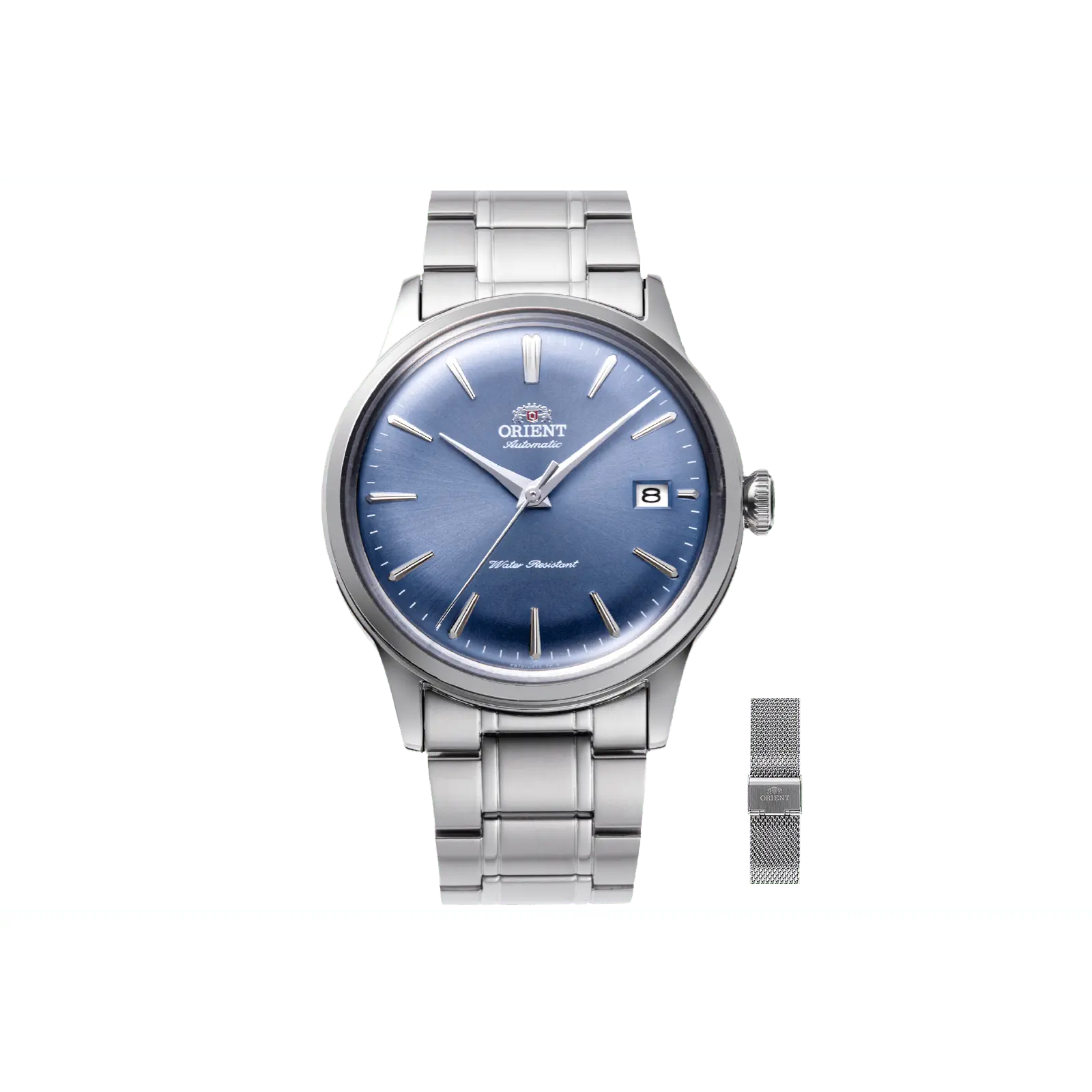 Orient Watch Bambino V7 Unisex Automatic Dress Watch, 38.4mm Elegant Blue Round Dial, Stainless Steel Case with Date Display, 30m Water Resistant, Includes Extra Mesh Strap, Elegant Round Dial, Round Face