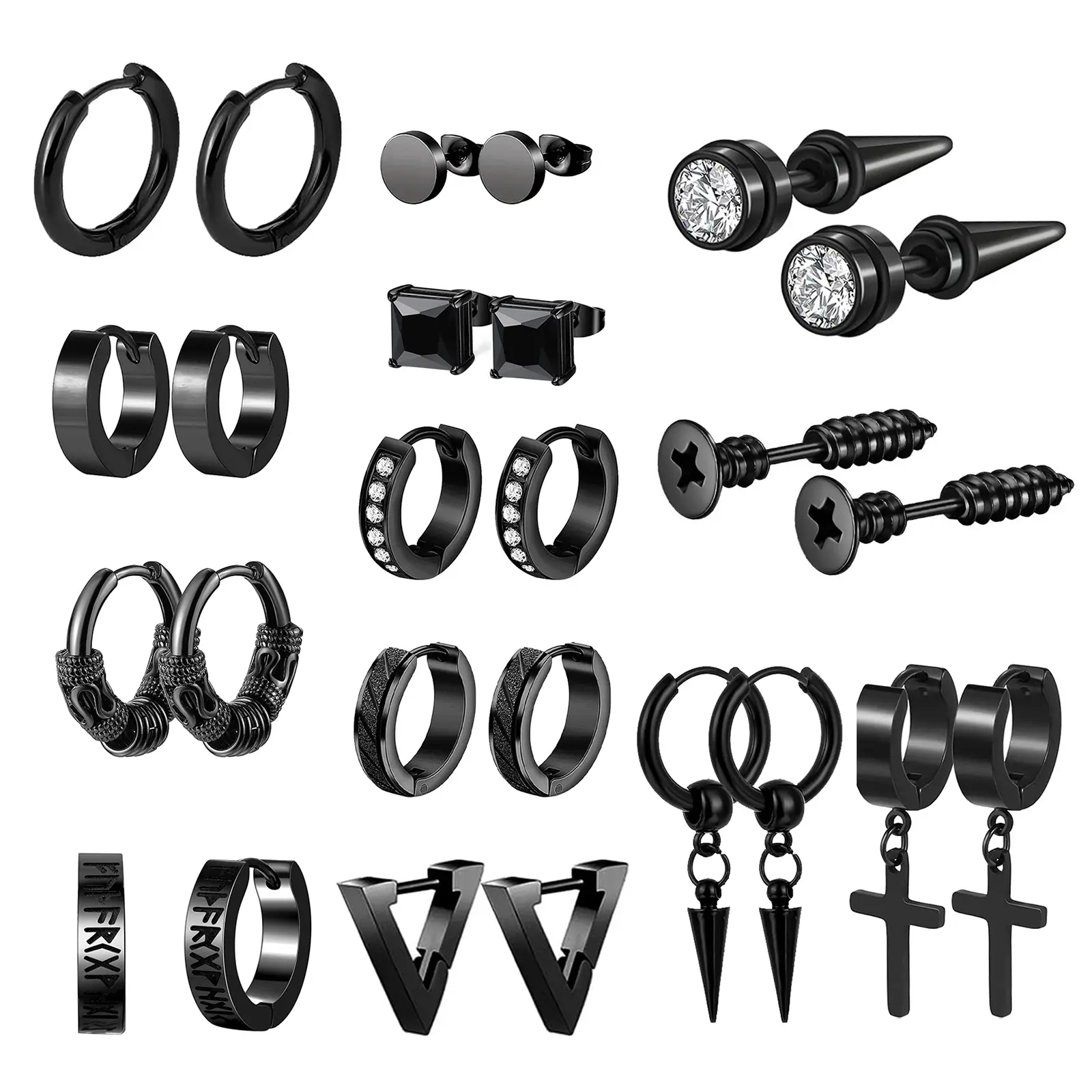 OIDEA Male Stainless Steel Piercing Sets with Assorted Gauges 18G-22G-20G - Hoop, Stud, Cross Spike, Dangle Earrings for Daily, Party Wear (Rotating Look Design)
