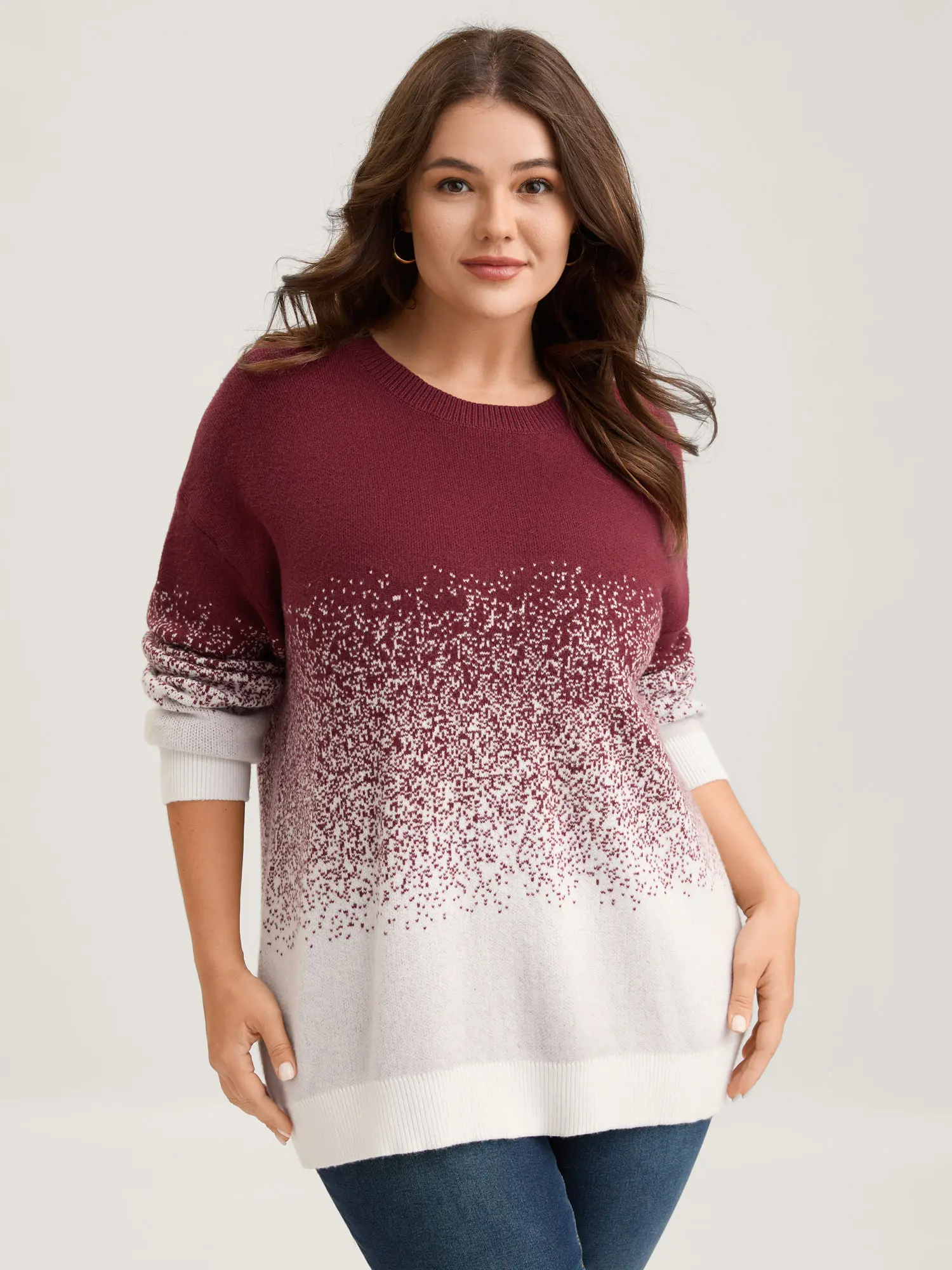 BloomChic Women's Plus-Size Pull-On Crew Neck Sweatshirt - Casual Long-Sleeve Gradient Jacquard Top, Breathable Nylon-Rayon Fabric, Loose-Fitting Everyday Ootd Wear, Simple, Round Neck, Plus Size Clothes, Comfy Casual