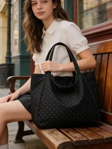 Blue Deep Hidden Korean Polka Dot Large Capacity Canvas Bag, Lazy Casual Versatile Tote, Student Commute Shoulder Bag, Pair with Charm