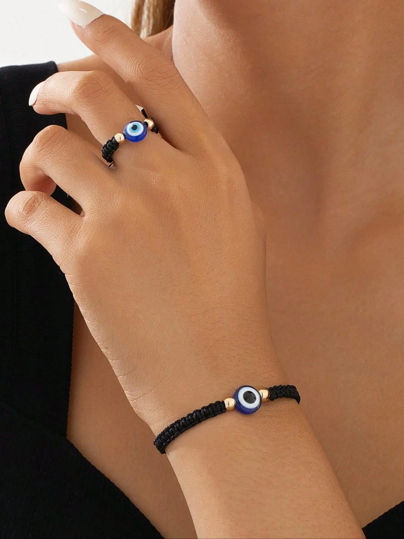 Evil Eye Design Adjustable Bracelet & Ring, Fashionable Matching Accessory Set Jewelry Set for Women & Men, Elegant Jewelry Set, Trendy All-match & Exquisite Jewelry for Birthday Gift, Couples Jewelry Set