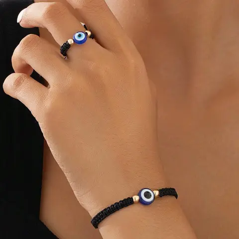 Evil Eye Design Adjustable Bracelet & Ring, Fashionable Matching Jewelry Set for Women & Men, Elegant Jewelry Set, Trendy All-match & Exquisite Jewelry for Birthday Gift, Couples Jewelry Set, Jewellery Gift Set