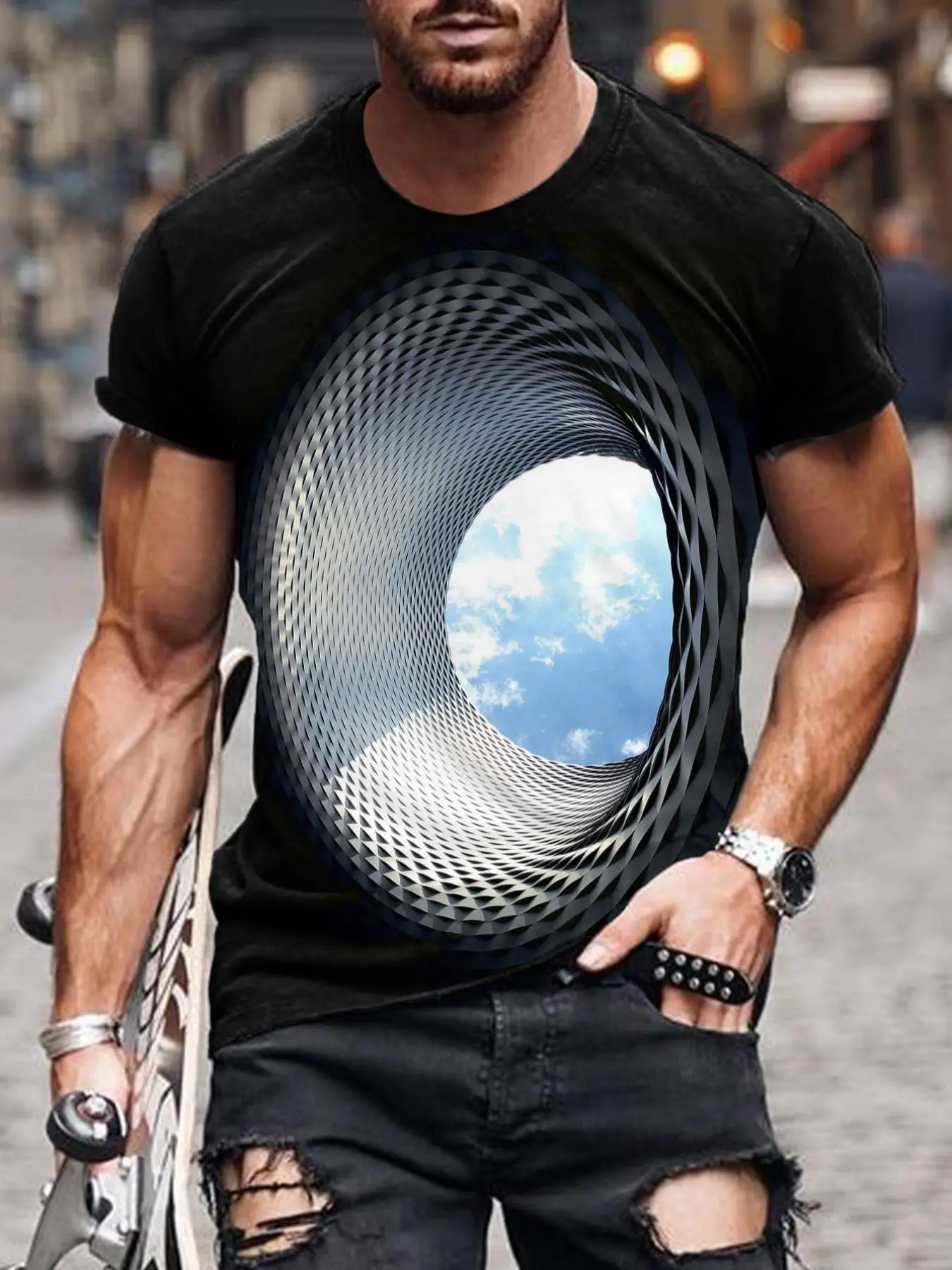 Men's 3D Tunnel & Sky Print Round Neck Tee, Regular Fit Fashion Casual Crew Neck Short Sleeve T-Shirt for Summer, Men's Fashion Top for Daily Wear