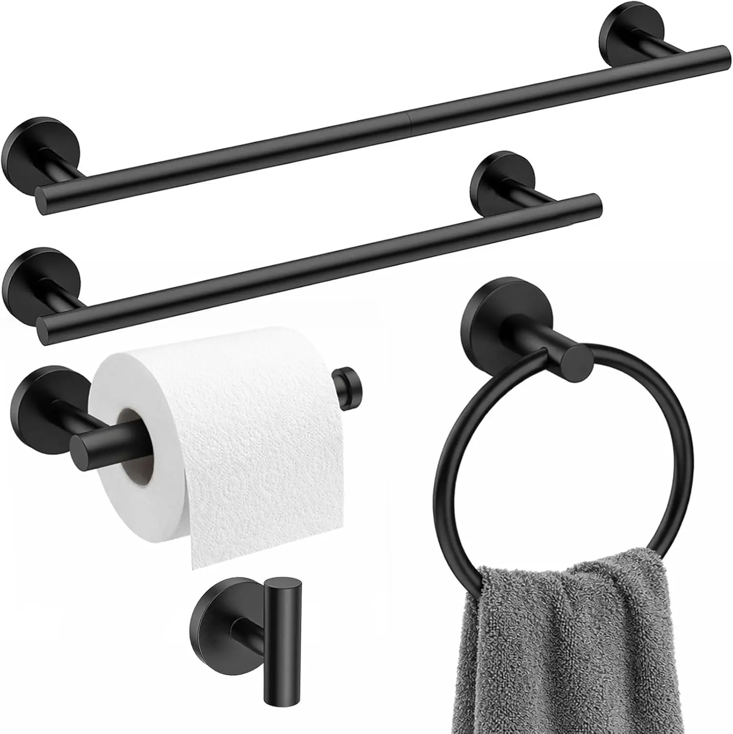 Haven Exclusive Matte Black SUS304 Stainless Steel 5-Piece Bathroom Fixture Set - 24in & 16in Towel Bars, Toilet Paper Holder, Towel Ring, Clothes Hook, Wall-Mounted with Clean Lines & Rounded Edges, Concealed Screw Mount, Box Included, 5-Piece Kit, Box P