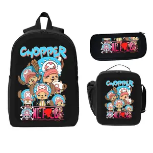 Chopper Anime-Themed Backpack Set Three-Piece Set Black Cartoon Design Backpack, Lunch Bag, Pencil Case Convenient Carry with Large Capacity