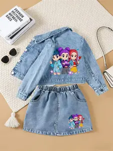 Girls' Superhero Denim Set, Cartoon Print Jacket & Short Skirt, Long Sleeve Spring, Casual Style, Ages 8 and Below