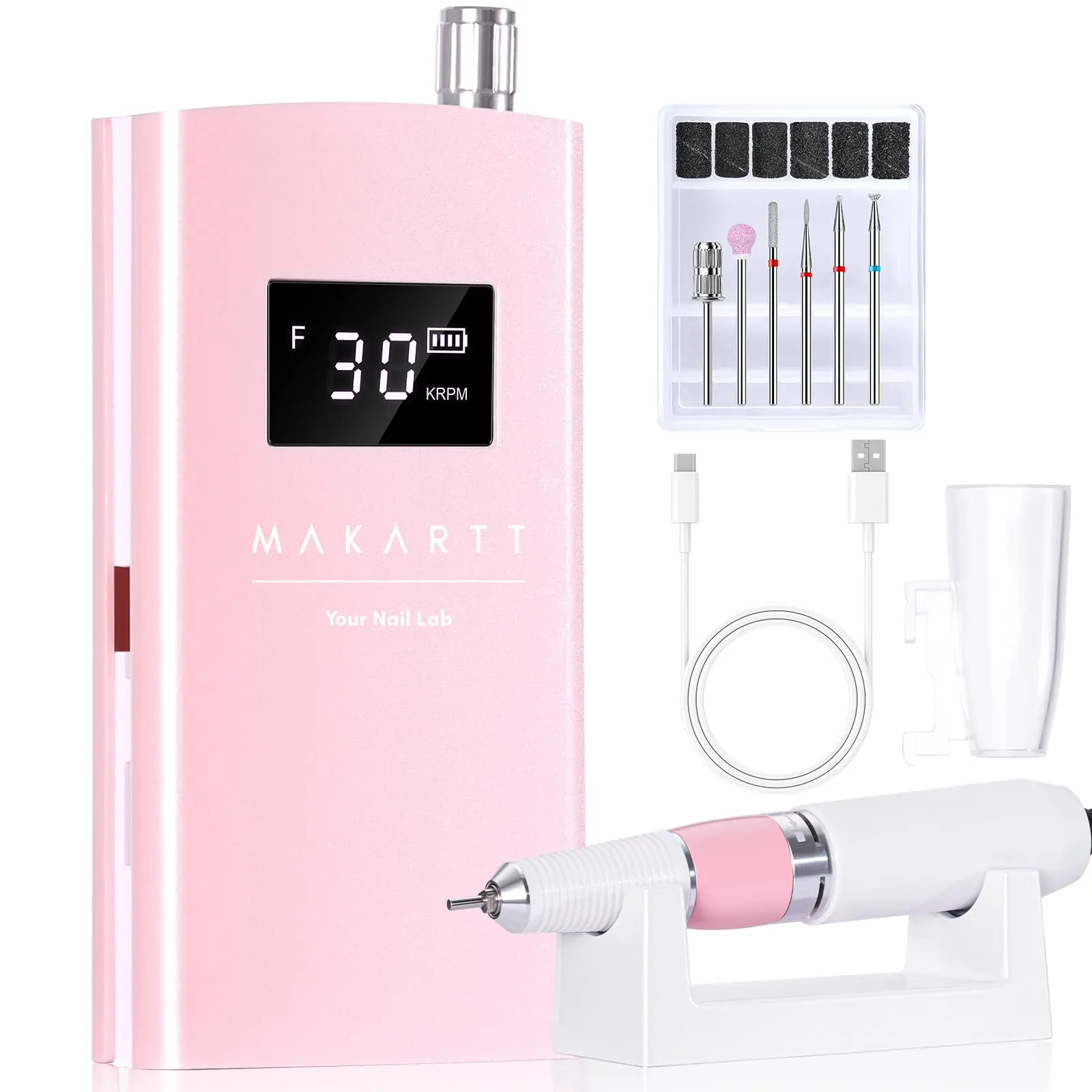 [FREE GIFTS] Makartt Electric Nail Drill, Rechargeable Nail Drill Machine 30000RPM, Perlarie Pearly Pink Portable E File Nail Grinder with Nail Drill Bits & Sanding Bands for Manicure Salon Home Use Aluminum Nail Care Smooth Nail Art