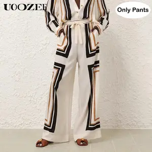 UOOZEE Women's Spring-Autumn Elegant Tied-Waist Striped Wide-Leg Loose Trousers with Plaid Pockets, Casual Bottoms