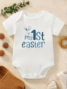 Baby Boy My 1st Mother's Day Onesie, Cute Bunny Mom's Little Love Graphic Bodysuit, Infant Short Sleeve Cotton Romper, Sweet First Mother's Day Gift for Newborns