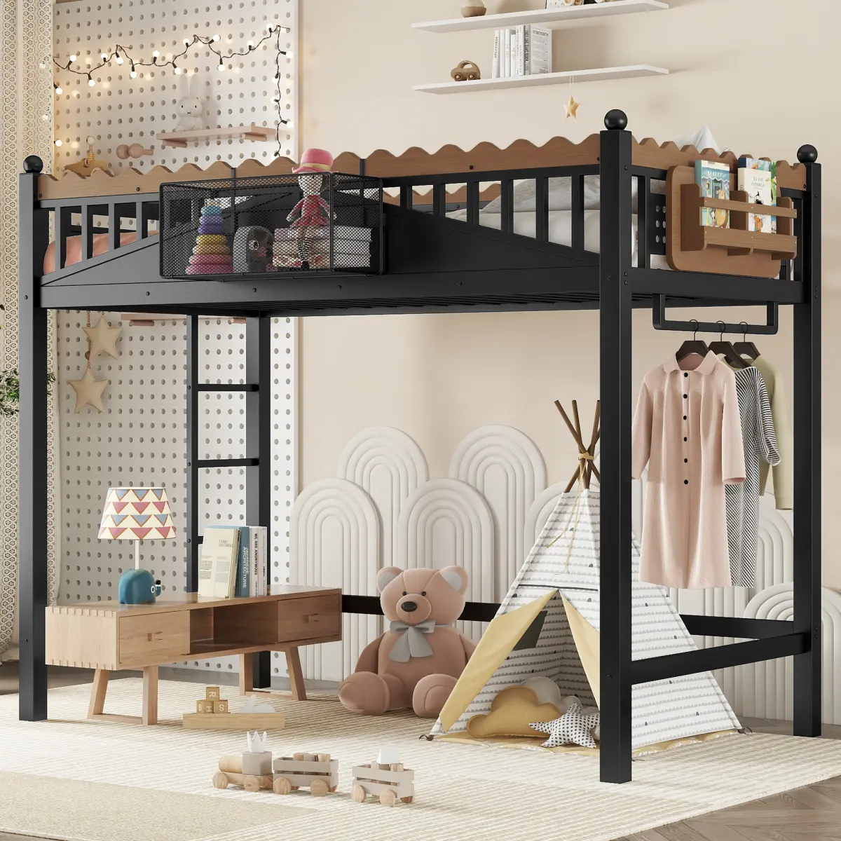 Black Twin XL Metal Loft Bed with Ladder, Storage Shelves, Bookshelf, Space-Saving Compartment, Dorm Room Furniture, 79.5"l x 41.7"w x 68.3"h, Modern Chic Design, Assembly Required, No Box Spring Needed