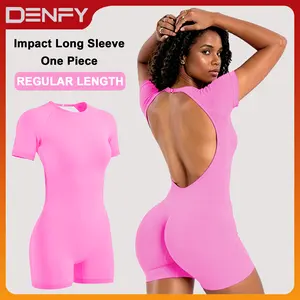 [SIZE UP 1] DENFY Impact Short Sleeve One Piece Women Soft Padded Bralette Tummy Control Butt Lifting Gym Workout Yoga One Piece Activewear [STRONG COMPRESSED]