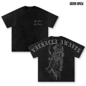 Valhalla Awaits Oversized Washed T-Shirt, Viking Warrior Graphic Tee, Norse Mythology Streetwear Vintage Gym Shirt Men