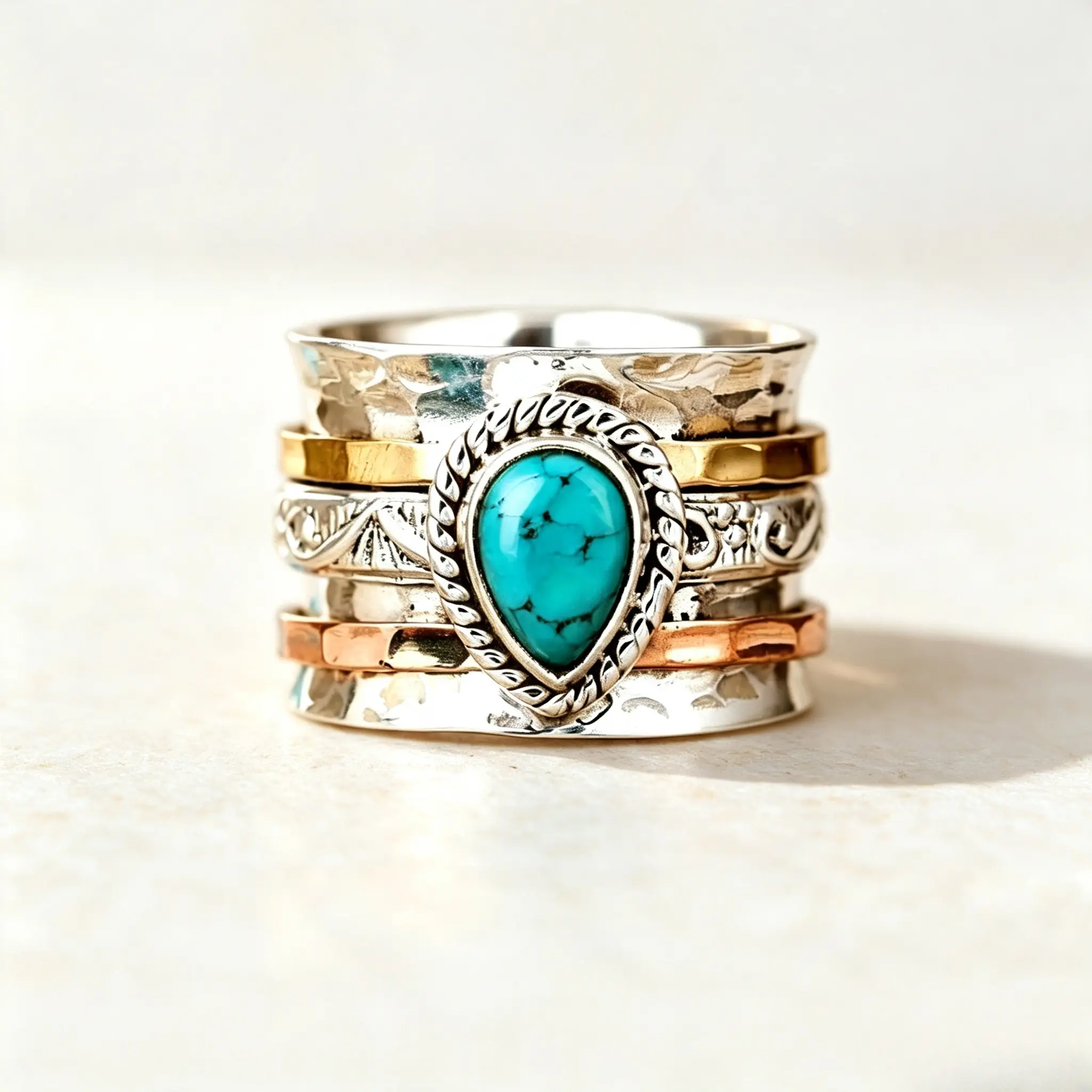 Women's Handmade Pear-Shaped Turquoise Spinner Ring - Stackable Mixed Silver-Copper-Gold Band with Boho Texture, Gemstone Accent, Spinner Mechanism, Everyday Wear Western Vintage Fidget Meditation Jewelry Gift