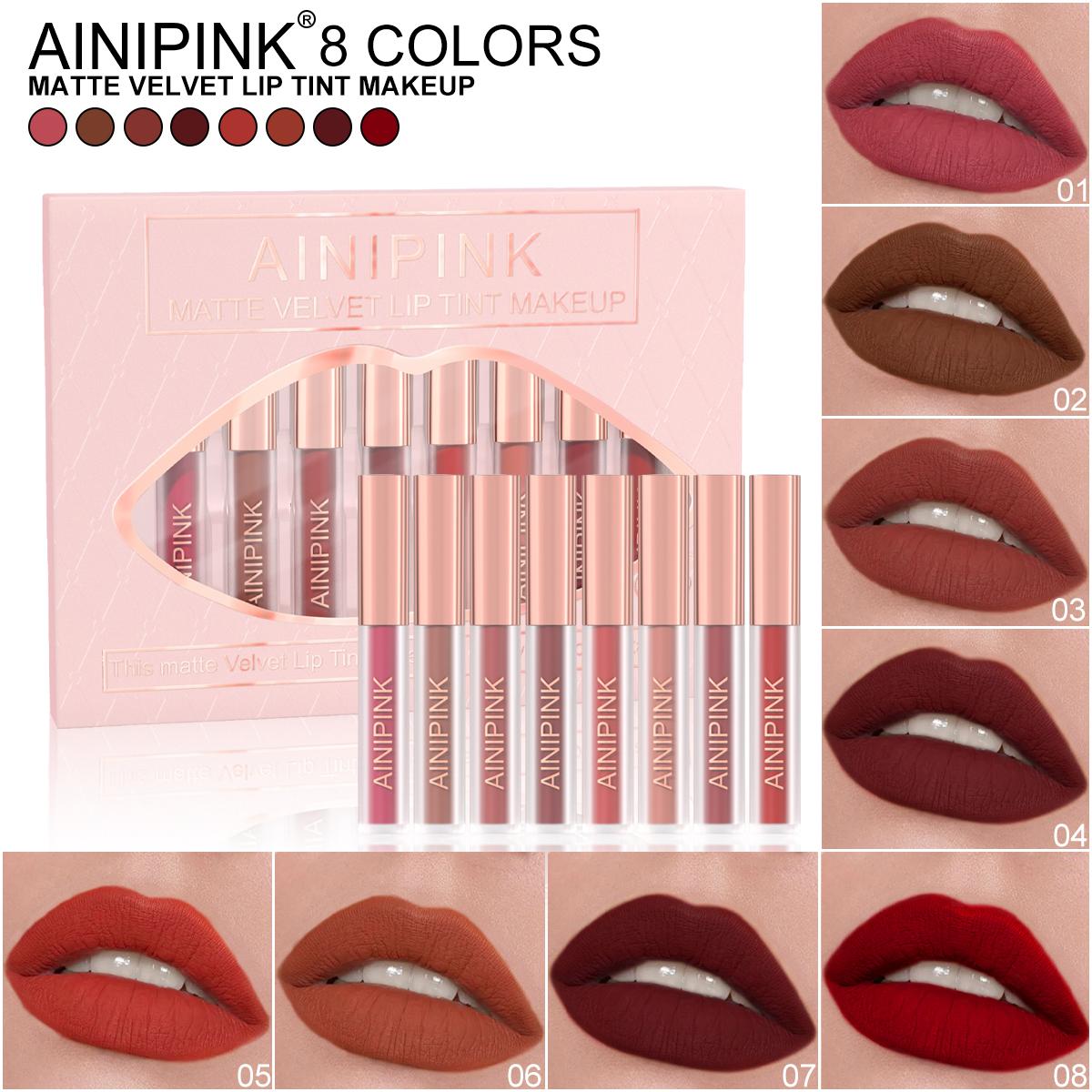 AINIPINK 8-Piece Long-Wearing Matte Velvet Lip Makeup Set, Waterproof & Smudge-Proof, Long-Lasting Cosmetics for Women