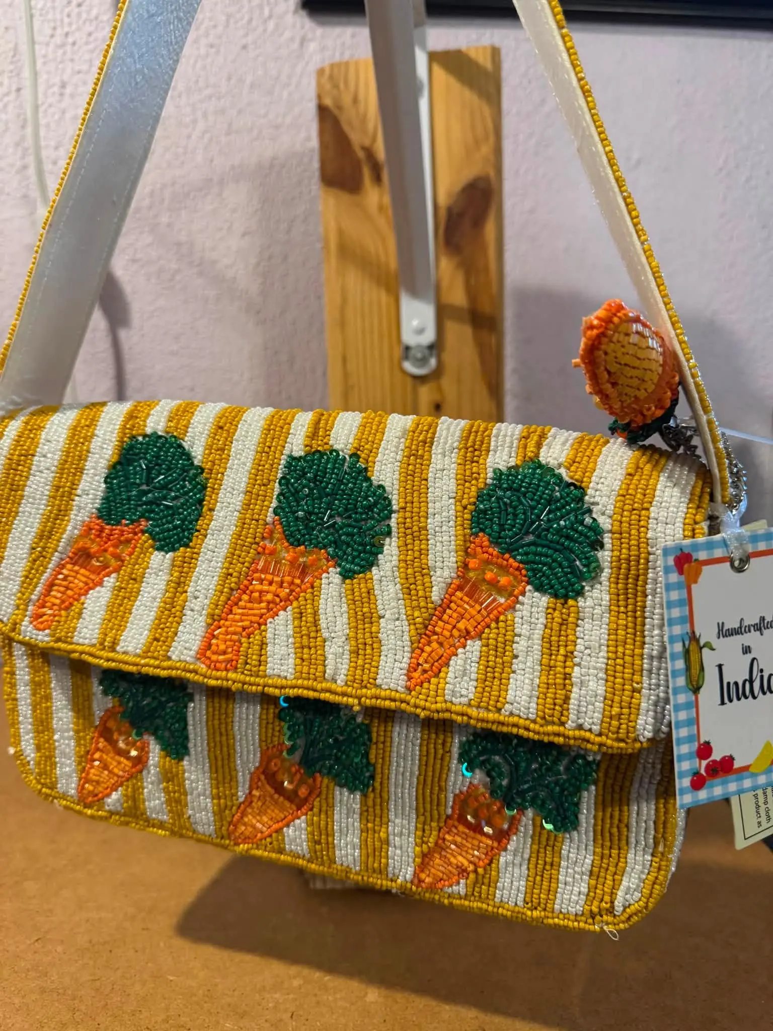 Hand-Beaded Carrot Crossbody Purse with Striped Design