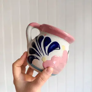 Pink Floral Cielito Lindo Ceramic Jarrito Coffee Mugs - Reusable Clay Design, Ideal for Coffee Drinking - Reuse, Drinkware, Washable Traditional Ceramic, Handmade & Decorated, Lead Free, Keeps Hot/Warm, 12oz Capacity - Tumbler Mexican mug ceramic mug