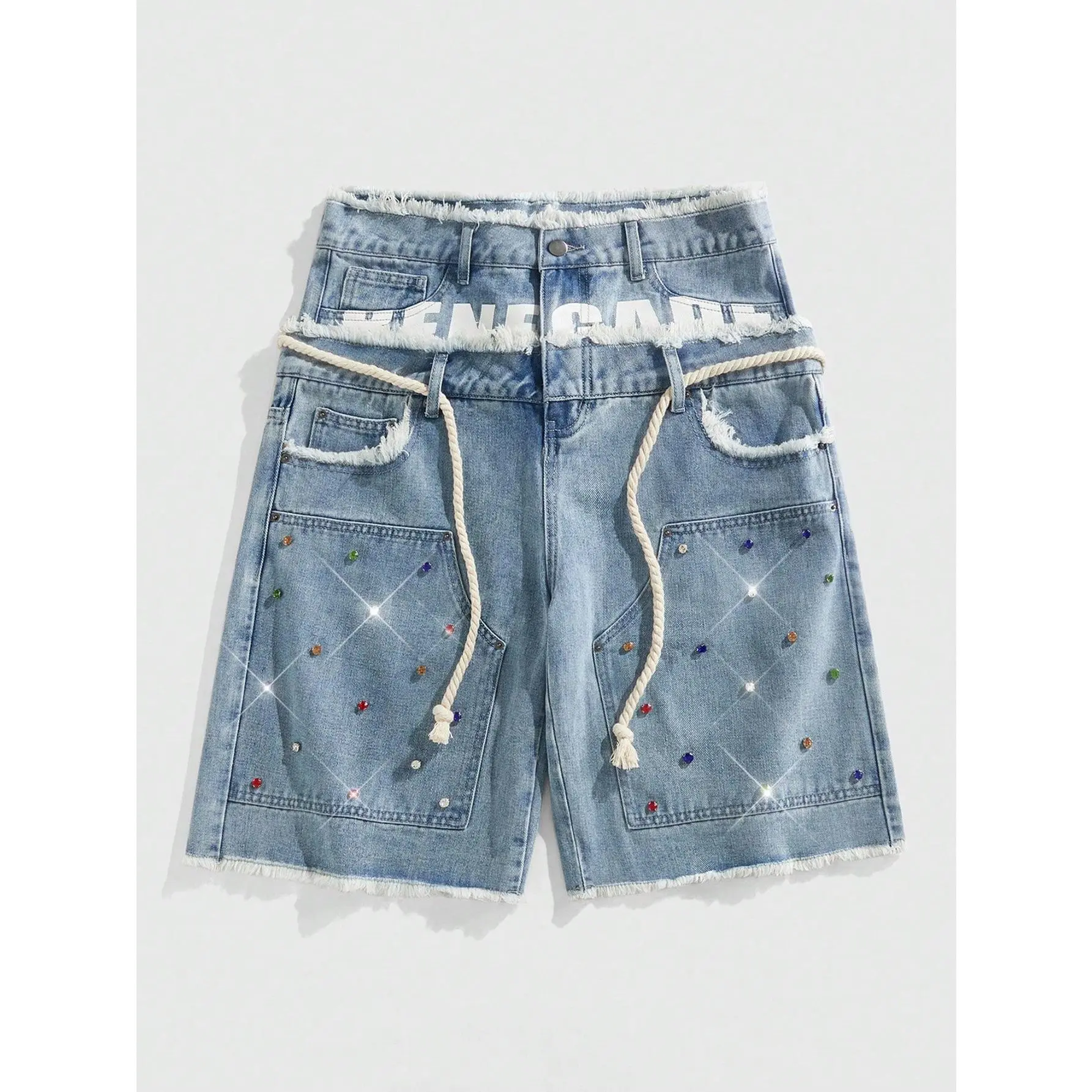 Glitter Rhinestone Streetstyle Loose Fit Double Layer Waist Diamond Embellished Denim Shorts Glitter Rhinestone Streetstyle Loose Fit Double Layer Waist Diamond Embellished Denim Shorts