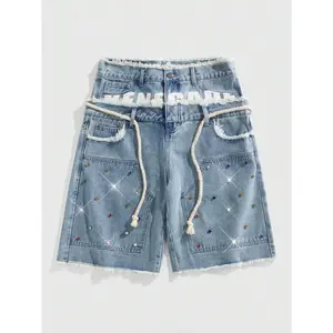 Men's Loose Fit Double Layer Waist Diamond Embellished Denim Shorts