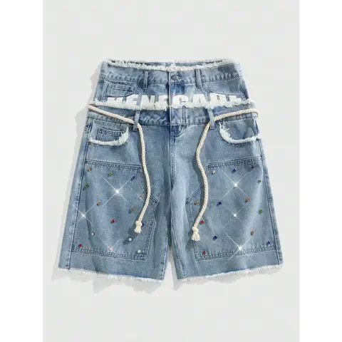 Glitter Rhinestone Streetstyle Loose Fit Double Layer Waist Diamond Embellished Denim Shorts