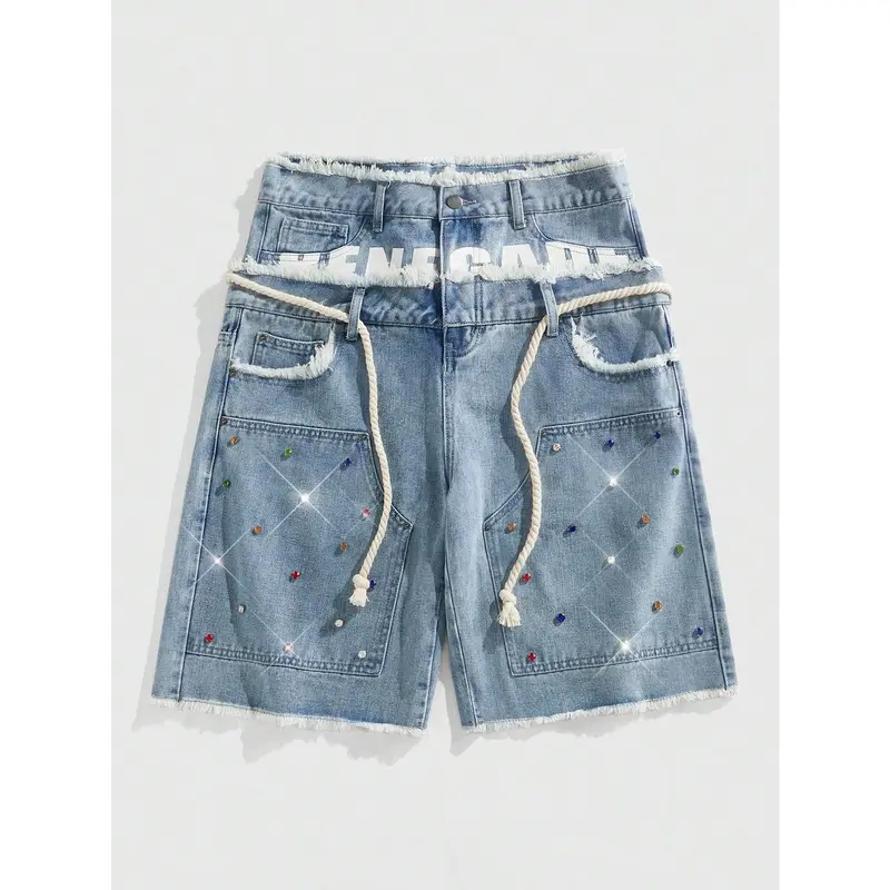 Glitter Rhinestone Streetstyle Loose Fit Double Layer Waist Diamond Embellished Denim Shorts
