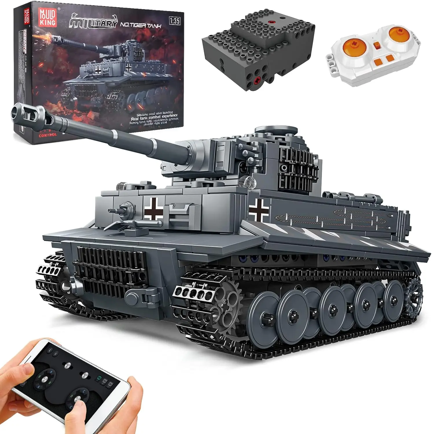 Mould King 20014 MOC Tiger Tank Brick Toy, Remote Control Military Vehicle Building Block Sets, Collectible STEM Educational Gift for Father's Day