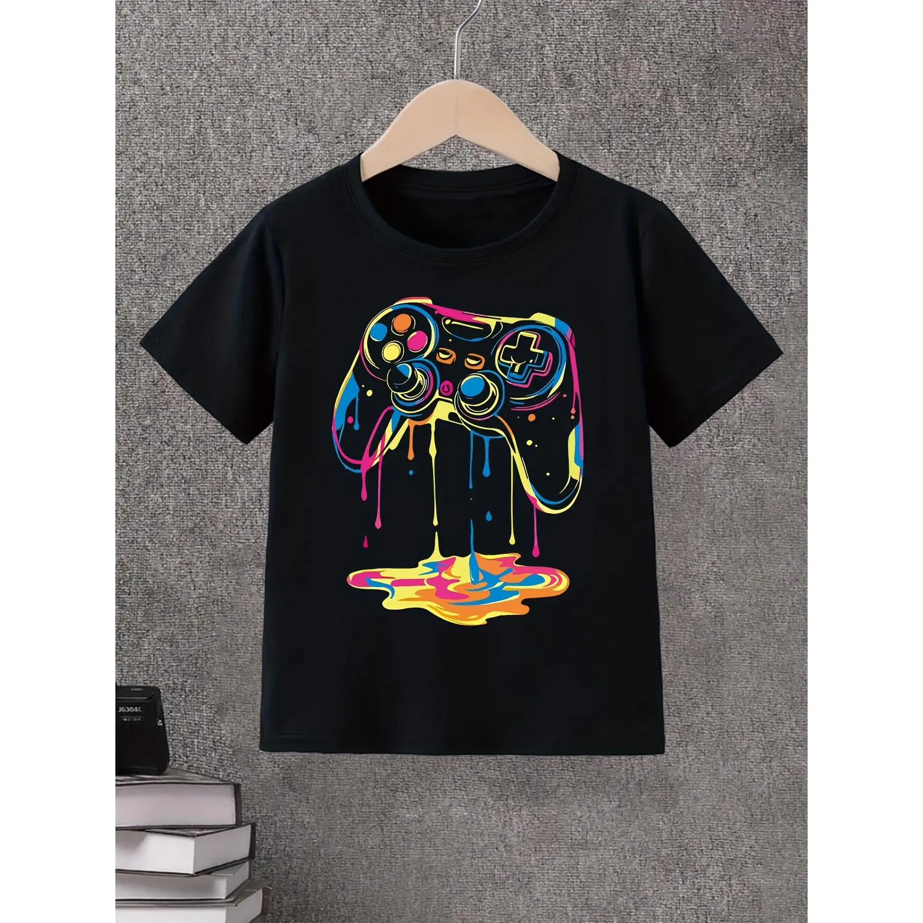 Game Controller Pattern Printed T-Shirt, Colorful And Fashionable Boys T-Shirt, Spring And Summer Casual And Comfortable Round Neck Short-Sleeved T-Shirt, Fashionable And Versatile Tops