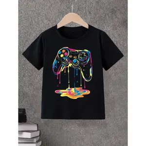 Game Controller Pattern Printed T-Shirt, Colorful And Fashionable Boys T-Shirt, Spring And Summer Casual And Comfortable Round Neck Short-Sleeved T-Shirt, Fashionable And Versatile Tops