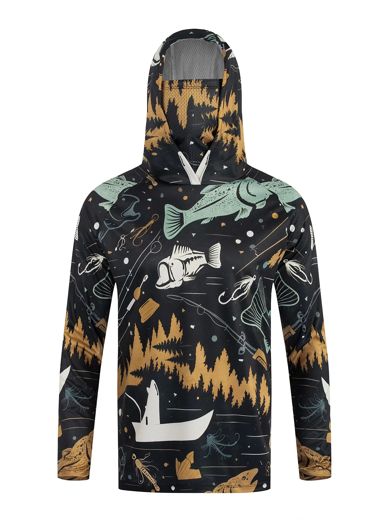 Men's Long Sleeve Hooded Fishing Jacket with Face Mask, Gradient Color Outdoor Fishing Clothing, Sun Protection Jumper, Graphic Print Hoodie, Athletic Hoodies, Active Tops, Fishing Hoody, Athletic Apparel