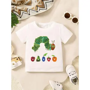 Soft Cotton Boy's T-Shirt with Colorful for CATERPILLAR & Fruit Illustrations - Comfortable Crew Neck, Short Sleeve, Perfect for Summer Playdates, Children's Party Clothing|Trendy Outfit|Comfortable Fit Shirt, Boy Clothes
