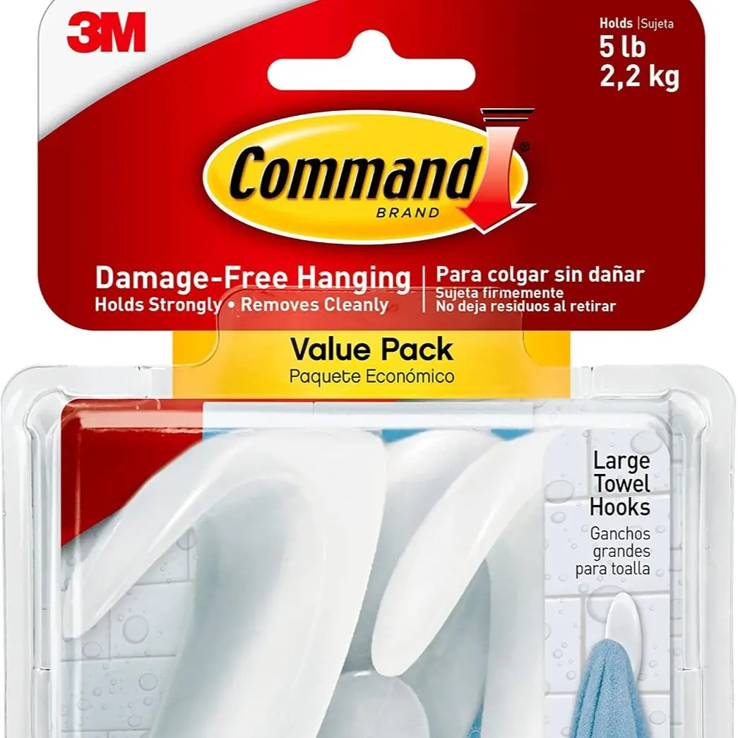 Command Bath Large Towel Hook Value Pack, Clear Frosted, 3-Large Hooks