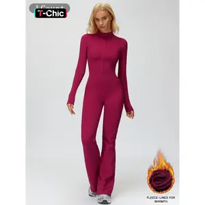 Autumn Winter Fleece Lined, Stand Collar Warm Yoga Onesie, Wide Leg Running Fitness, Women's Sportswear, Sportswear Jumpsuits, Sporty Comfy Jumpsuit