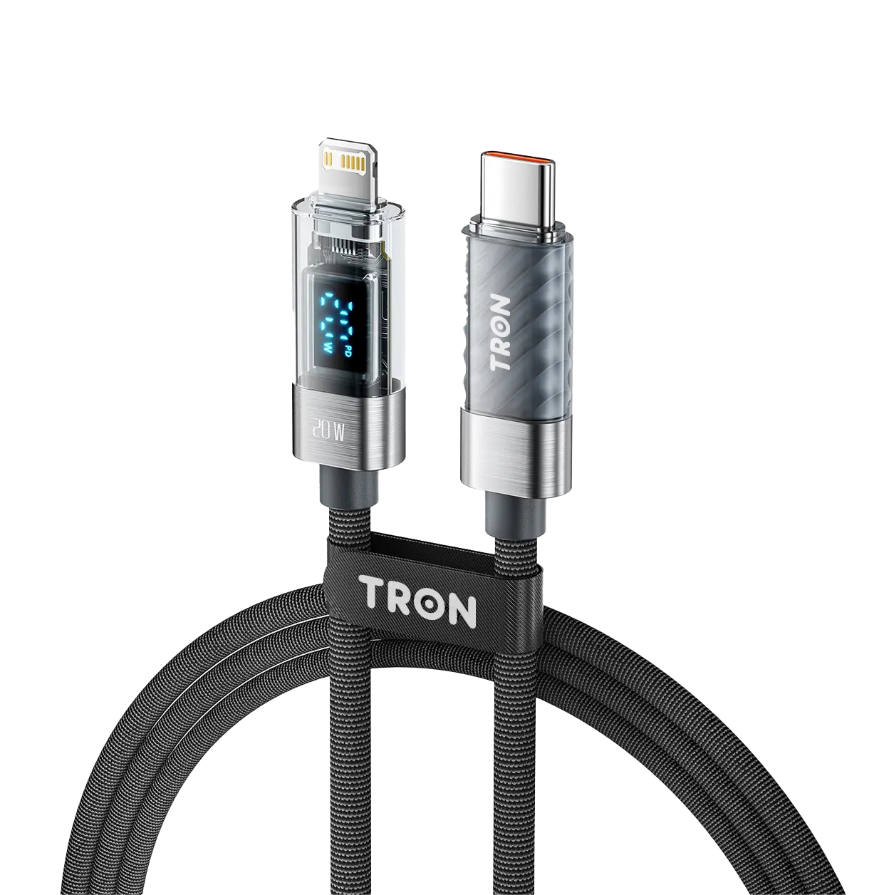 20W USB-C to Lightning Transparent Cable | Digital Display | 5FT | Grey